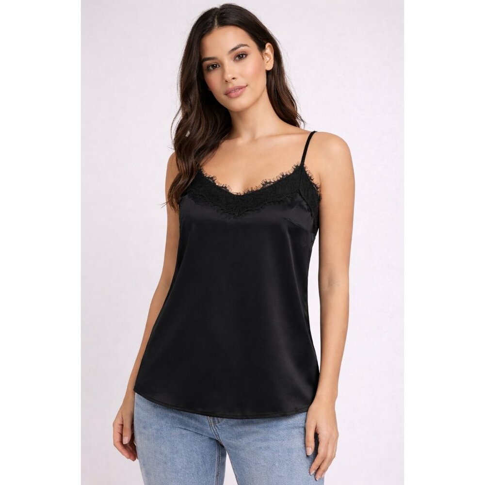 New Black Satin Lace Trim Camisole Spaghetti Strap Silky Sleepwear Top Y2K